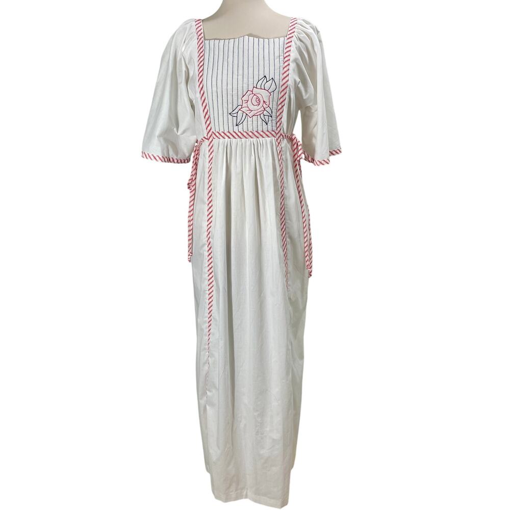 Vintage 70s Peasant House Dress Retro Rose White/Red Striped Trim Medium USA - Picture 12 of 12
